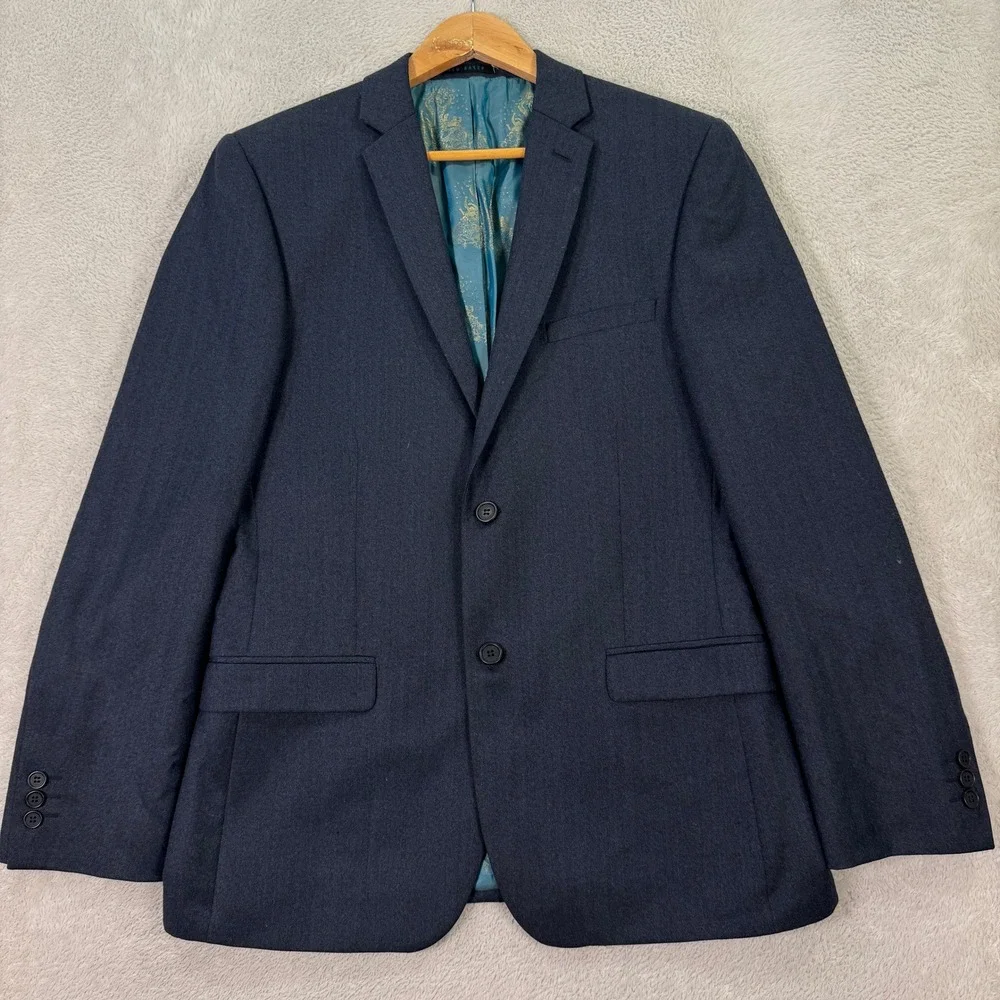 TED BAKER LONDON Endurance Mens 38R Navy Herringbone Wool Blazer Suit Jacket EUC